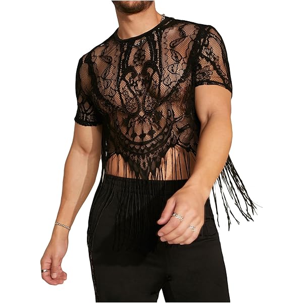 WDIRARA Men's Fringe Hem Shirts Floral Lace Mesh Scoop Neck Short